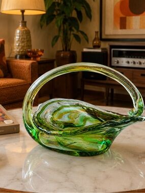 Vintage Sooner Art Glass Green Amber Swirl Hand Blown Basket Vase